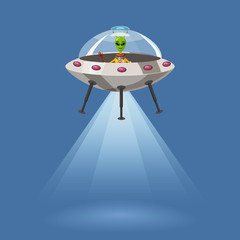 Ufo flying spaceship with alien, isolated on blue background, rays light, cartoon style, vector illustration. Concept, template