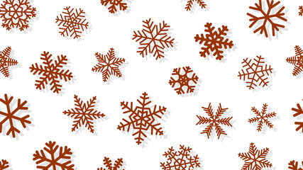 Christmas background of snowflakes of different shapes and sizes with shadows. Brown on white