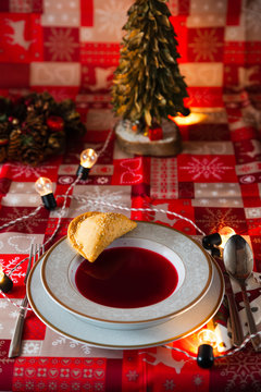 a plate of borscht at the Christmas table