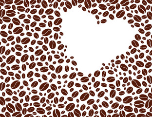 Abstract background of coffee beans in the form of a heart. Place for text. Vector illustration.