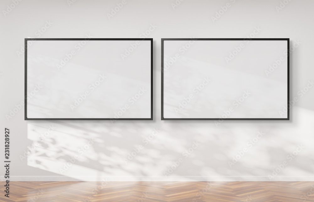 Poster Two horizontal frames hanging on a wall mockup 3d rendering
