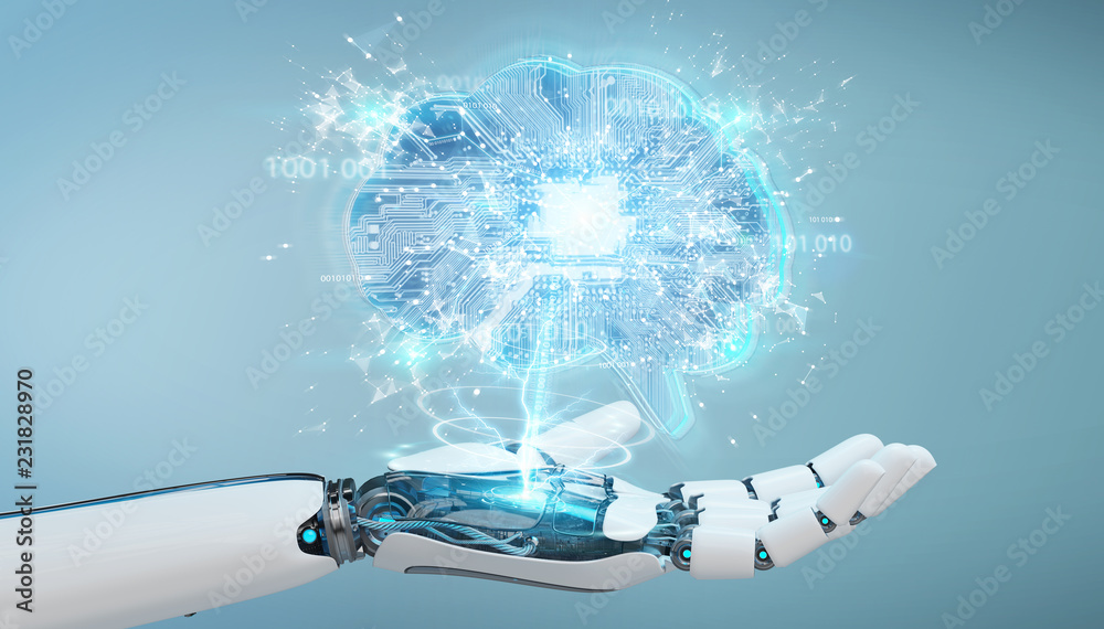 Poster robot creating artificial intelligence in a digital brain 3d rendering