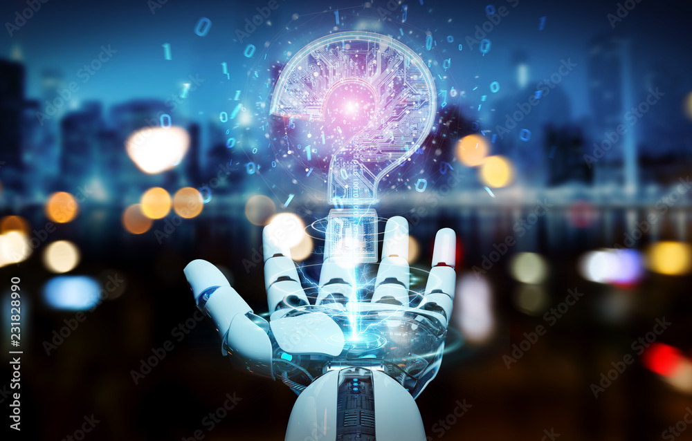 Poster cyborg solving problem with digital question marks 3d rendering