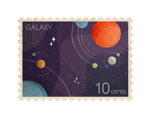 Vector illustration of vintage space postage stamp with planets shows Heliocentric system isolated on white background