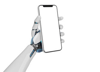 White robot hand holding smartphone mockup 3d rendering