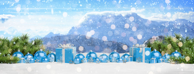 Blue christmas baubles and gifts lined up 3D rendering