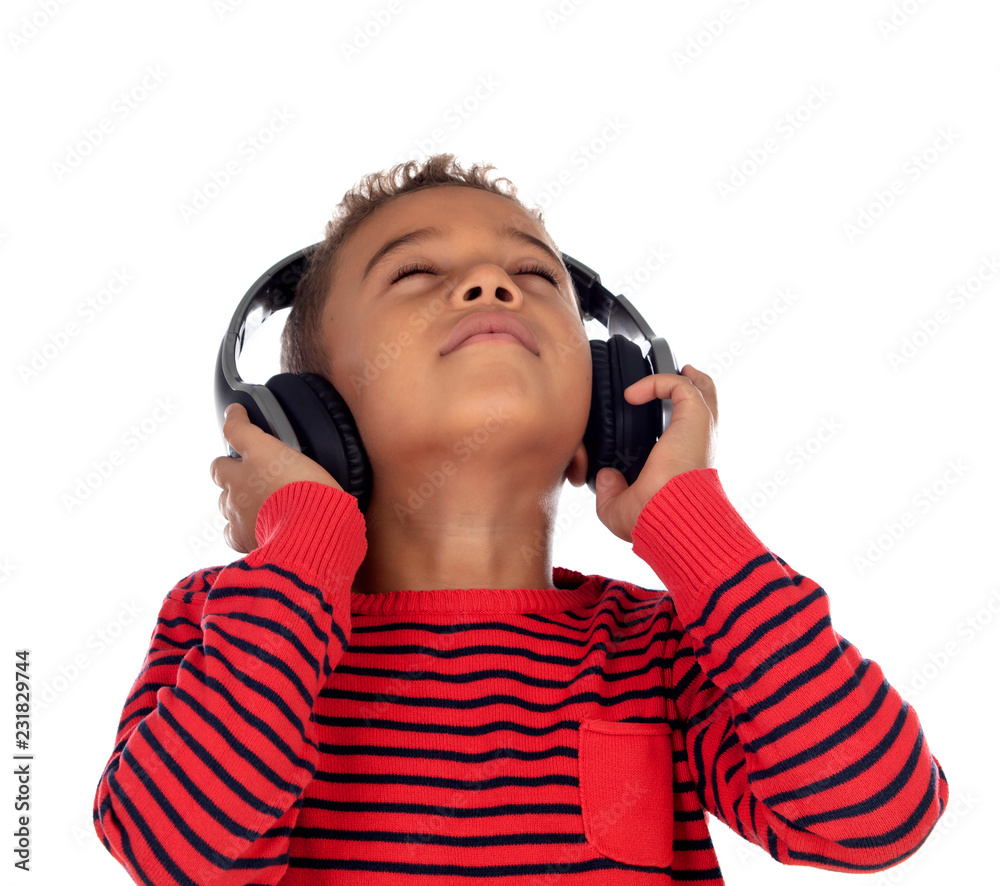 Wall mural Latin child with headphones an red sweater