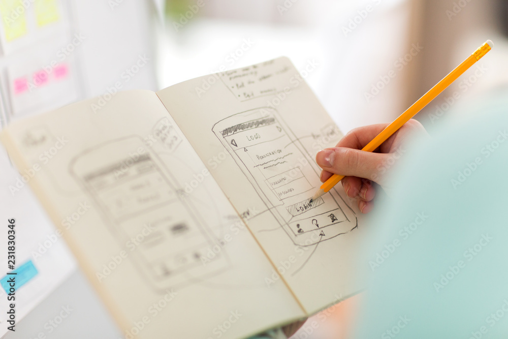 Wall mural technology, user interface design and people concept - hand of ui designer or developer drawing smar