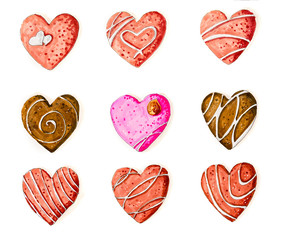 set heart chocolates or cookies isolated on white background hand-drawn illustration