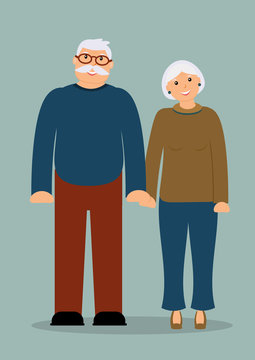 Happy family seniors: smiling elderly man and woman in full growth on the blue background. Vector illustration
