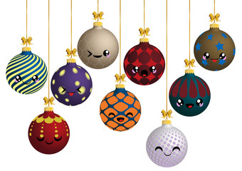 nine colorful Christmas balls with different ornaments on a thread with a bow