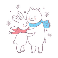 Obraz premium Cartoon cute winter rabbit hug polar bear vector.