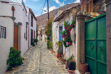 Fototapeta na wymiar beautiful view of scenic narrow alley with traditional houses colorful flowers and cobbled street in a village of crete.
