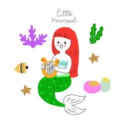 Cartoon cute mermaid under the sea vector.