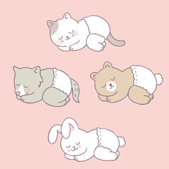 Cartoon cute baby animals sleeping vector.