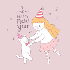 Cartoon cute cat and woman dancing happy new year vector.