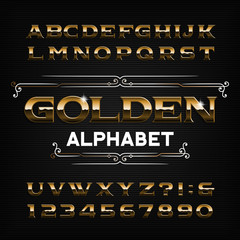 Gold alphabet font. Golden effect letters, numbers and symbols. Stock vector typescript for your design.