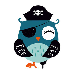 Cute Blue Pirate Owl. Cartoon Character Isolated on White Vector Illustration. Black hat with skull. For shop, web, business, flyers, and post.