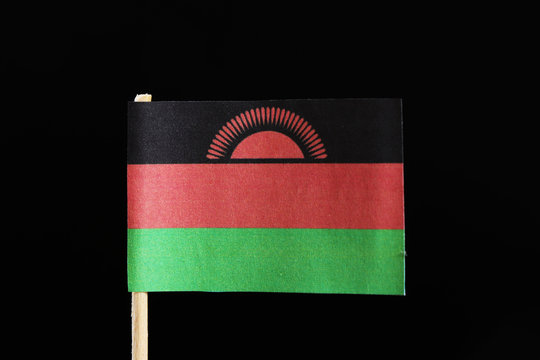 A original  flag of Malawi on toothpick on black background. Consists of a horizontal triband of black, red and green. Charged with a red rising sun with 31 rays centred on the black stripe