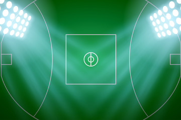 Background of Australian football stadium in the spotlight. AFL field Poster. Editable Vector Illustration.