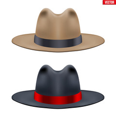 Set of Classic Gentlemen Hat. Black and Brown color with ribbon. Retro Accessory for beauty stylish man. Vector Illustration Isolated on white background.