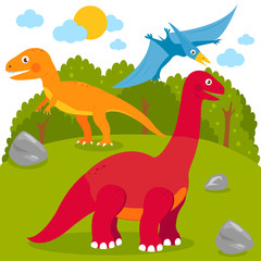 Prehistoric landscape with dinosaurs. A pterodactyl, a brontosaurus, an apatosaurus and a tyrannosaurus. Vector illustration