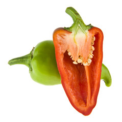 sliced red and green pepper isolated on white background