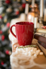 Christmas tree in interior. Christmas background. closeup shot. blurred background