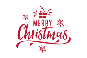 Merry Christmas, happy New Year letter text card text. Typography inscription decoration poster winter holiday design. Red color gift, snowflakes, snow. Vector illustration.