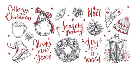 Merry Christmas and New Year words with Christmas vintage elements