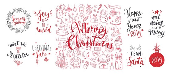 Merry Christmas and New Year words on Christmas tree decoration. Vector hand drawn Lettering