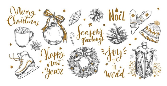 Merry Christmas and New Year words with Christmas vintage elements