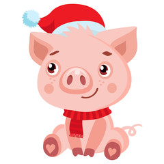 Cute Cartoon Happy Baby Pig In Santa Hat Isolated On White Background. Christmas And New Year Vector Icon. Cute Funny Cartoon Character.