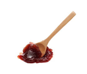 Strawberry jam, marmalade with wooden spoon isolated on white background and texture