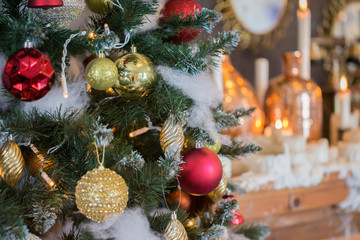 Christmas tree in interior. Christmas background. closeup shot. blurred background