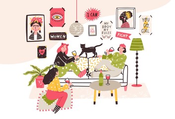 Girls or feminists sitting on sofa and floor, drinking wine and talking. Friends spending time together. Group meeting of feminism and body positive activists. Flat cartoon vector illustration.