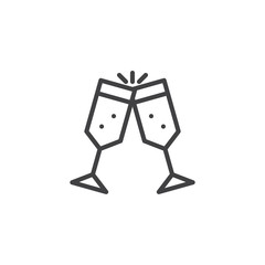 Fototapeta na wymiar Two glasses with champagne outline icon. linear style sign for mobile concept and web design. Cheers, Glasses clinking line vector icon. Symbol, logo illustration. Vector graphics
