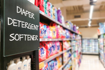 Diaper, Detergent, Softener household grocery categoy aisle at supermarket