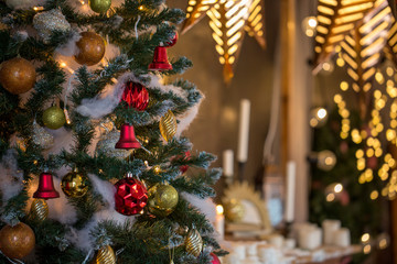 Christmas tree in interior. Christmas background. closeup shot. blurred background