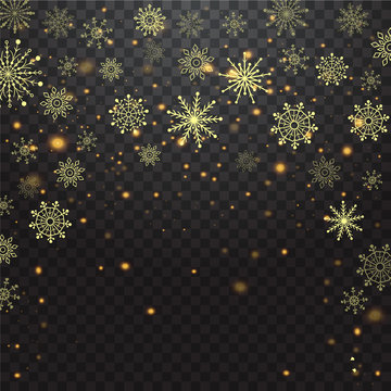Christmas Falling snow gold glitter particles on a transparent sparcle background. Abstract snowflake background. Vector illustration