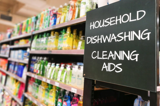 Household, dishwash and cleaning aids grocery categoy aisle at supermarket