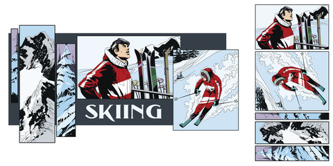 Collage on theme skiing. Stock illustration.