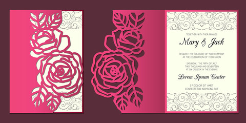 Laser cut wedding invitation card template with roses patterned border. Wedding or greeting card template for cutting.