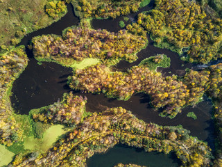 Aerial view of river after gold mining by dredge in Russia, Middle Urals, shot by drone