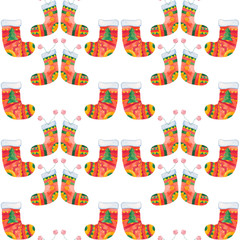 Christmas and New Year seamless pattern with socks. Christmas red and green socks painted in watercolor