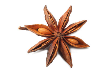 Top view of dry star anise fruit and seeds isolated on white