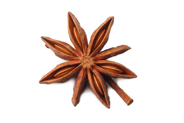 Top view of dry star anise fruit and seeds isolated on white