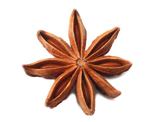 Top view of dry star anise fruit and seeds isolated on white
