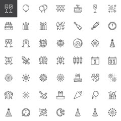 New Year outline icons set. linear style symbols collection, line signs pack. vector graphics. Set includes icons as Champagne glasses cheers, Party Balloons, Bunting flag, Firework rocket, Gift boxes