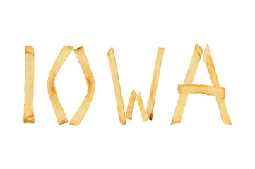 Word IOWA laid out of long sticks of fried french fries isolated on white background